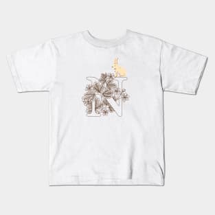 Letter N autumn and funny rabbit theme September and October Brown colors gift idea Kids T-Shirt